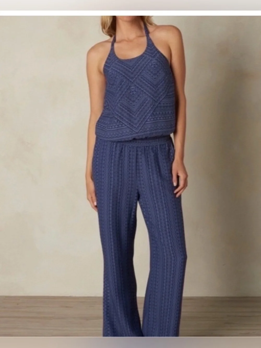 Prana Bijou Halter Aztec Print Relaxed Fit Versatile Jumpsuit Purple Blue Size M